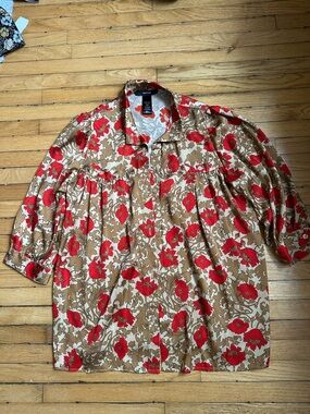 Smythe Red Floral Button-Up Blouse on Brown Background